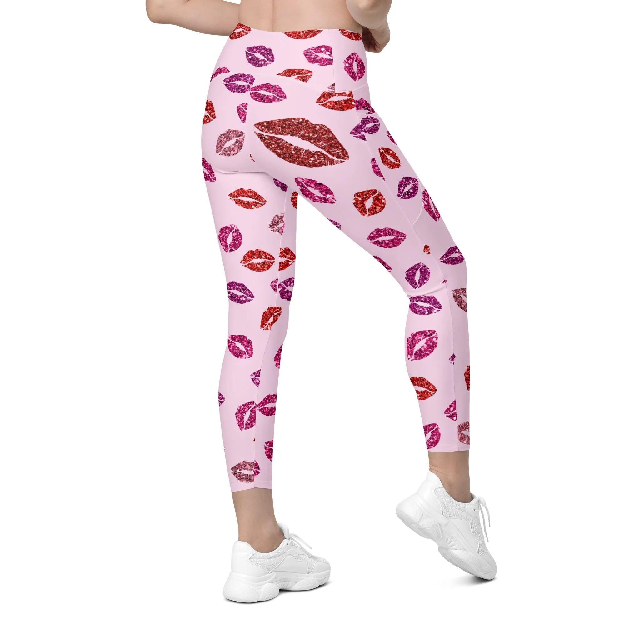 Glitter Print Kisses Crossover Leggings With Pockets