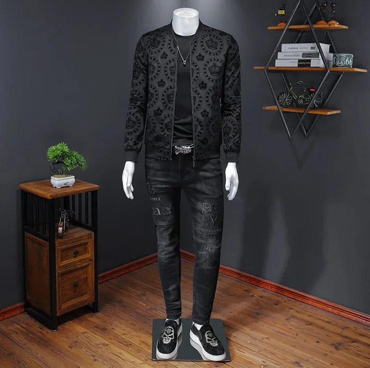 Men's Spring Casual Korean Slim Fit Stand Collar Rib Sleeve Printed Bomber Jacket